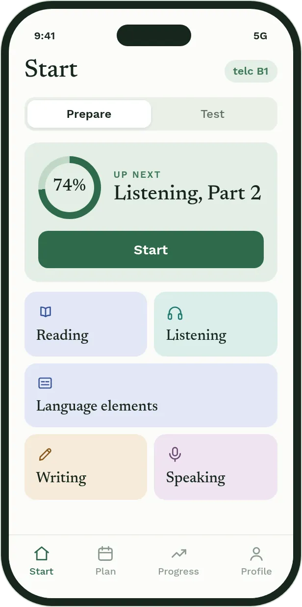 The app’s Start screen: readiness at 74%, listening part 2 up next, and the five modules.