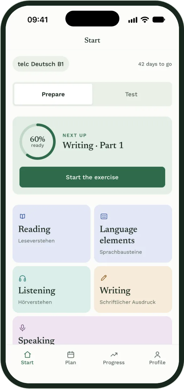 The app’s Start screen: 60% ready, writing part 1 up next, and the five modules.