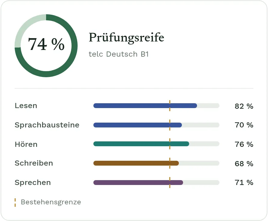 Prüfungsreife 74 %, alle Module über der Bestehensgrenze.