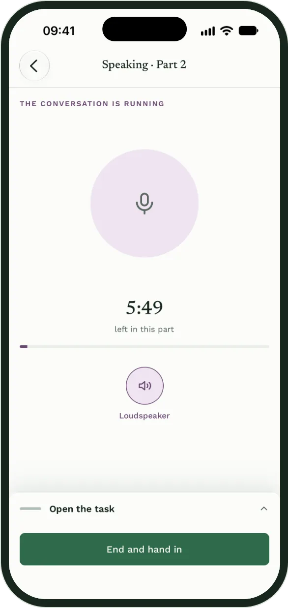 The app in conversation: speaking part 2, with the time left in the part.